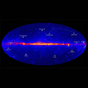 This view from NASA’s Fermi Gamma-ray Space Telescope is the deepest and best-resolved portrait of the gamma-ray sky to date. The image shows how the sky appears at energies more than 150 million times greater than that of visible light. Among the signatures of bright pulsars and active galaxies is something familiar – a faint path traced by the sun. Credit: NASA/DOE/Fermi LAT Collaboration