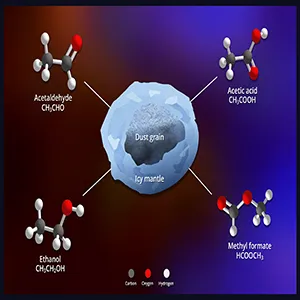 A diagram depicting the COMs detected on icy dust grains around ST6: acetaldehyde, acetic acid, ethanol and methyl formate. Credit: NASA's Goddard Space Flight Center
