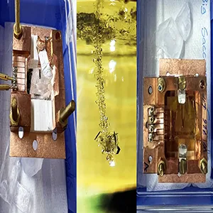 SWEET project tools used to hunt for dark matter. (A) Sugar crystal instrumented with an NTD thermistor and mounted in its copper holder. (B) Initial sugar crystallization on a suspended nylon wire immersed in the supersaturated solution. (C) Light detector module mounted above the sugar detector. Credit: MPG/arXiv
