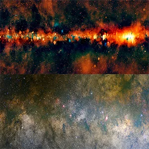 Top: The GLEAM/GLEAM-X view of the Milky Way galaxy in radio color. Credit: S. Mantovanini & the GLEAM-X team. Bottom: The same area of the Milky Way in visible light. Credit: Axel Mellinger, milkywaysky.com. Click to enlarge.