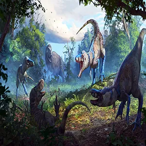 A pack of Nanotyrannus brazenly attacks a juvenile T. rex. Illustration by Anthony Hutchings