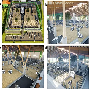 Visualization of the future dairy barn (a) overview, (b) free lying area, (c) calf hatch, and (d) calving compartment. Credit: homebase2, Hannover, Germany