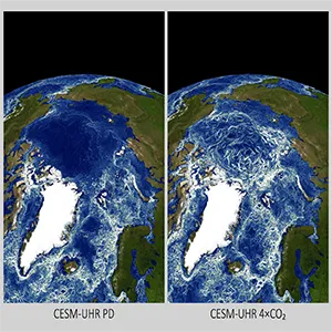 Comparison of Arctic Ocean FSLE snapshots from the two simulations during March. Brighter regions (high FSLE) indicate more vigorous horizontal stirring. Left panel: present-day conditions; right panel: future conditions representing a quadrupling of atmospheric CO2. Basemap credit: NASA Blue Marble. Figure credit: YI Gyuseok. Credit: Institute for Basic Science