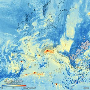 This Sentinel-4 image depicts tropospheric nitrogen dioxide with clear pollution hotspots visible along the Mediterranean coast and over Italy’s Po Valley. Credit: ESA