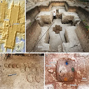 Cruciform cache found in the E Group Plaza. (A) Locations of the excavation units in the E Group on the Main Plateau. (B) Cruciform cache viewed from the east. (C) Axe-shaped clay objects found at the bottom of the large cruciform pit (Cache NR10). (D) Pigments and shells found at the bottom of the small cruciform pit. Credit: Science Advances