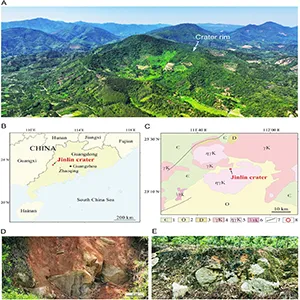 The Jinlin crater. (a) Panoramic aerial drone image of the Jinlin crater, taken on May 12, 2025. (b) Location map showing the position of the Jinlin crater in northwestern Guangdong Province. The red dot marks the site of the crater. (c) Geological map of the Jinlin crater (d); 4, Cretaceous granite (e) Geological section at the crater floor, showing a mixed accumulation of granite weathered soil and granite fragments. Most granite fragments located at or near the surface are fresh. Credit: AIP Publishing