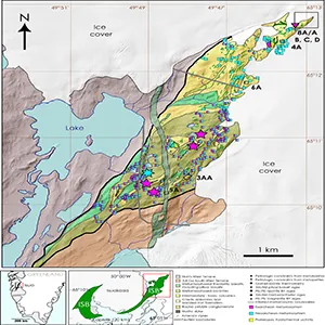 A simplified geological map [after Nutman and Friend (2009)] depicts the northeastern part of the ISB. The two smaller maps show the entire extent of the ISB and its location in Greenland. Credit: JGR
