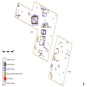 Map of features identified through geophysical prospection by Archaeological Services, Durham University. Credit: VK Merz & IK Merz