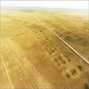 Drone photograph of the archaeological site of Semiyarka, City of Seven Ravines, looking from the south-east to the northwest. Credit: Peter J. Brown