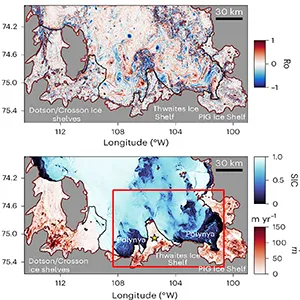 (A) Modified Copernicus Sentinel-1 Ground Range Detected data between March 3-7, 2023 showing thin sea ice transported by ocean submesoscale eddies and filaments. Data downloaded with Google Earth Engine. The red box is the model domain. (B) Rossby number July 1. PIG, Pine Island Glacier. (C) Average submarine ice-shelf melt rate in July and sea-ice concentration July 1. The red box is Pine Island Bay, the focus area of this study. The gold star is the location of the AMIGOS mooring stations. Black and brown lines in b and c are ice-shelf margins from satellite imagery. Credit: Nature Geoscience