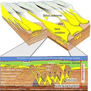 Schematic model for the formation of sinkites. Sand eroded during periods of low sea-level is transported as turbidites into the basin. It partly erodes and deposits onto ooze, is liquefied by earthquakes or upward water expulsion from contracting ooze, sinks down polygonal faults, and displaces large, rigid ooze blocks upward due to buoyancy. Credit: University of Manchester