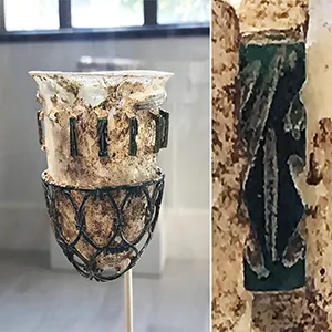 Roman glass openwork vessel with a detail of its symbol on the right. Inscription: BIBE V[I]VAS I[..]A (Drink may you live I[..]a!) Credit: Corning Museum of Glass/WSU