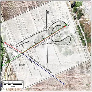 An outline of the Scorpion Mound is shown superimposed on a drone-generated aerial photo of the feature. Credit: Ancient Mesoamerica Journal