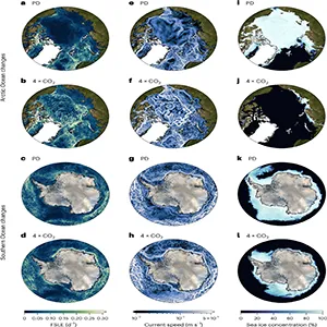 Arctic Ocean snapshots of FSLE at 15-m depth (a,b), current speed (log scale) at 15-m depth (e,f) and sea ice concentration (i,j) from the PD (a,e,i) and 4 × CO2 (b,f,j) simulations at the vernal equinox (20 March) of the first analyzed year (model year 130 for PD and model year 160 for 4 × CO2). c,d,g,h,k,l, Southern Ocean snapshots of FSLE at 15-m depth (c,d), current speed (log scale) at 15-m depth (g,h) and sea ice concentration (k,l) from the PD (c,g,k) and 4 × CO2 (d,h,l) simulations at the autumnal equinox (22 September). Credit: Basemaps from NASA Visible Earth