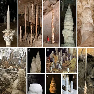 Montage showing different sizes and shapes of stalagmites in cave systems. Credit: PNAS