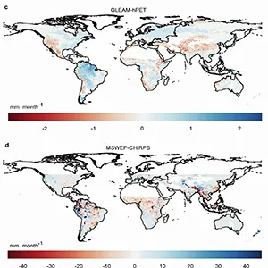 Monthly correlation and differences between precipitation and AED during 1981–2022. Panel (A) shows the correlation (CC) of monthly precipitation between MSWEP and CHIRPS (Pr), while panel (B) displays the correlation of monthly AED between GLEAM and hPET (AED). Panels (C) and (D) show the average monthly differences between GLEAM and hPET and MSWEP and CHIRPS, respectively. The precipitation correlation and difference analysis is limited to latitudes up to 50°N due to CHIRPS data availability. Credit: Nature