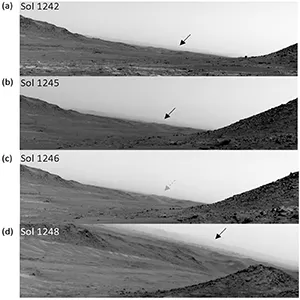 Visibility of the northern fan during the dust event on Sols 1,242 (a), 1,245 (b), 1,246 (c) and 1,248 (d). Credit: Nature