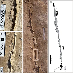 Linear features on the northeastern part of Area A (TH2). A-B. Show both an adult and child track truncated longitudinally by the linear groove. C. Shows the position of these footprints on the groove and the presence of other similar features. D. Shows the interpretation of the tracks observed. Credit: Quaternary Science Advances