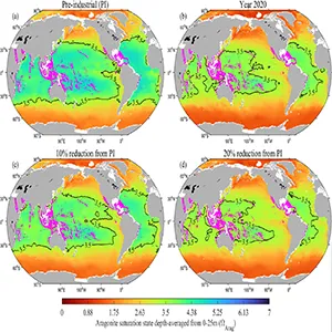 Maps of surface ocean aragonite saturation state (ΩArag), highlighting the 3.5 contour to show the regions that can be considered marginal conditions for coral systems, with coral reefs distribution overlaid on each map in purple dots. (a) Pre-industrial ΩArag, (b) year 2020 ΩArag, (c) ΩArag conditions at 10% reduction from pre-industrial levels, and (d) ΩArag conditions at 20% reduction from pre-industrial levels. Credit: Global Change Biology