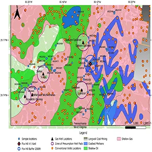 Map showing locations of water samples collected in New Freeport, PA, unconventional well pads with presumption zones, coalbed methane (naturally created during the geologic process of converting plant material to coal, shale gas (natural gas produced from shale formations, shallow oil, and shallow gas areas (natural gas and oil pockets located at a relatively shallow depth below the surface), and regions undermined by longwall coal mines. Credit: Scientific Reports