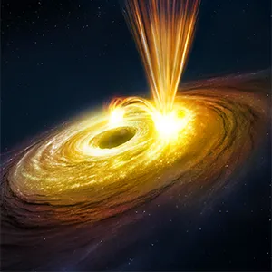 A gold-to-brown swirling disc surrounds a black ellipse-shaped area in galaxy NGC 3783 that looks like a hole in space. On the right, two very bright white spots atop the disc are connected by an arch of shining lines. From the blazing spot in the foreground, white-to-orange straight lines erupt like jets, reaching the top of the image. Credit: Hubble/ESA/NASA