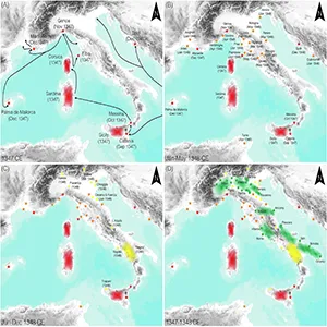 The first reported plague outbreaks in 1347 CE in southern Europe (red stars), together with the assumed routes of Venetian and Genoese grain ships (black lines). B Subsequently reported plague outbreaks between January and May 1348 CE (orange stars), together with earlier outbreaks (red stars). C Plague outbreaks reported in June 1348 CE or with unspecified date in the same year (yellow stars), superimposed on earlier outbreaks (orange and red stars). D All known plague outbreaks in 1347 and 1348 CE (red, orange and yellow stars), together with major Italian cities and regions that were most likely not affected by the Black Death during this period (green stars). Credit: Nature