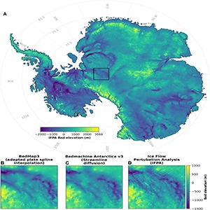 IFPA subglacial topography maps for the entire Antarctic continent and (B-D) show a comparison of various fluvial topography maps for the Pensacola-Polar Basin region. Credit: Science Journal