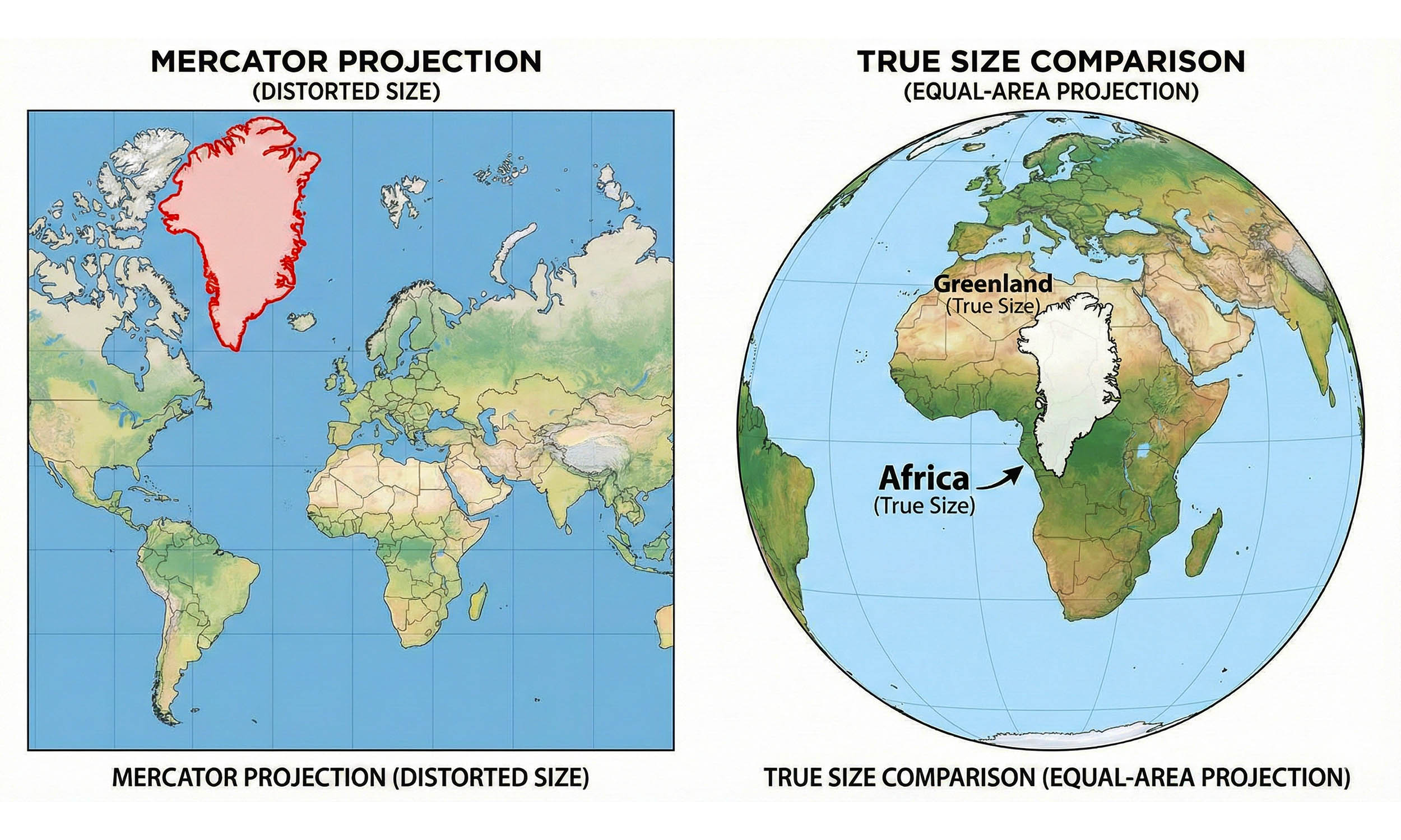 Greenland appears bigger on most world maps than it actually is in real life