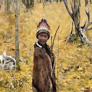 Artist's impression of the Skateholm burial island. In the foreground is a boy whose grave contained a deer hair and possibly a fragment of a woodpecker feather. Credit: Tom Björklund