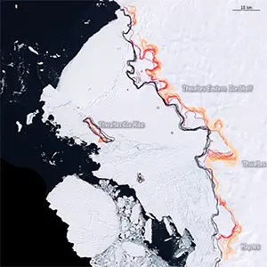 Grounding line retreat on West Antarctica ice sheet from 1992-2025. Credit: ESA