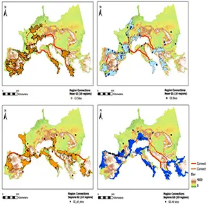 Ice Age Europe map displaying Homo sapiens and Neanderthal communities. Connectivity between regions under the 4 test scenarios. Optimal connections are illustrated with solid red lines and neighboring connections are dashed. The distribution of sites applyd in the HS models is also indicated. Credit: Quaternary Science Reviews