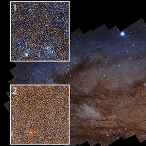 NASA’s Hubble Space Telescope has provided a detailed view of millions of stars in the Andromeda galaxy. Regions that have experienced recent star formation (1) appear significantly bluer than regions with less recent star formation (2). NASA, ESA, Benjamin Williams (UWashington), Zhuo Chen (UWashington), L. Clifton Johnson (Northwestern); Image Processing: Joseph DePasquale (STScI)