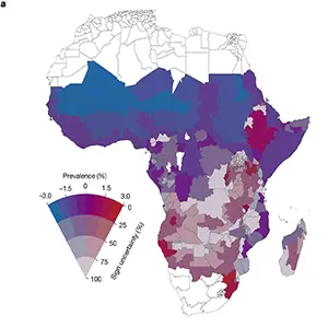 Projected future changes in malaria prevalence in Africa driven by climate change from 2015 to 2100. Credit: Nature